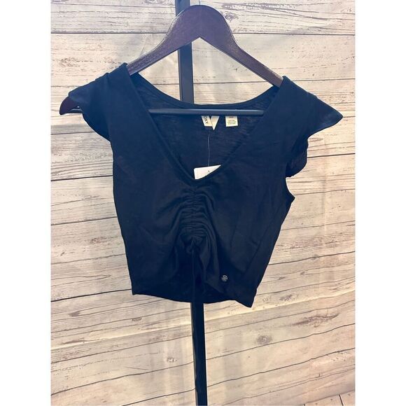 Roxy Flirty Vibe Flutter Sleeve Black Top Size XS New - Picture 4 of 7